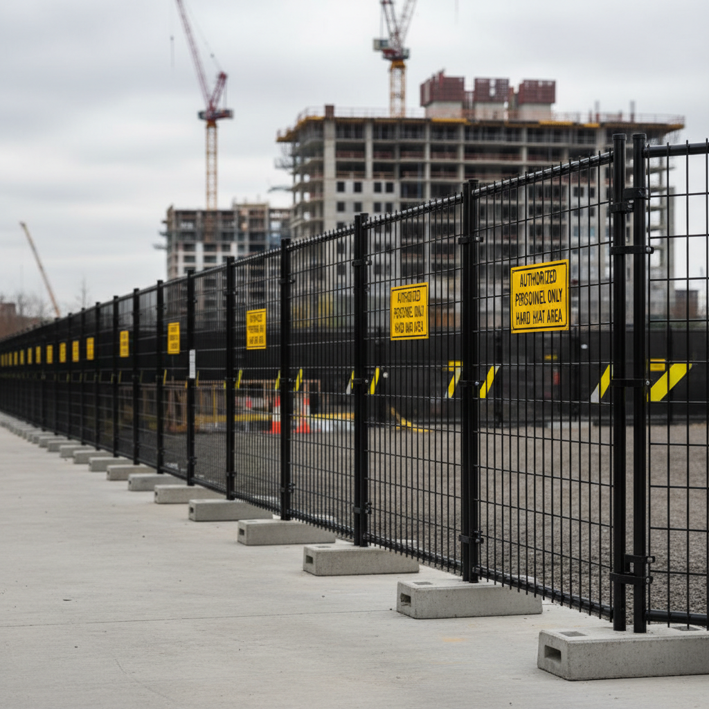 A secure construction perimeter showcasing tall, black powder-coated temporary fence panels with solid bases and interlocking clamps, forming a clean, continuous barrier around a neatly organized urban jobsite. Bright yellow warning signage and reflective safety strips are attached to the fencing, adding visual clarity and professionalism. Overcast daylight provides diffused, even lighting with minimal harsh shadows, creating a neutral, controlled atmosphere. Captured in photographic realism from a slightly elevated angle, the composition emphasizes the uninterrupted line of fencing receding into the distance, with a shallow depth of field softly blurring cranes and building frameworks beyond, reinforcing a sense of protection and reliability.